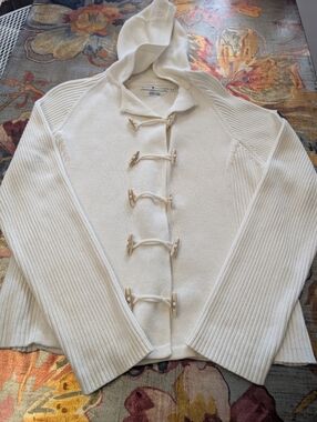 Vintage Tommy Hilfiger Cream Nautical Hooded Toggle Knit Cardigan XL